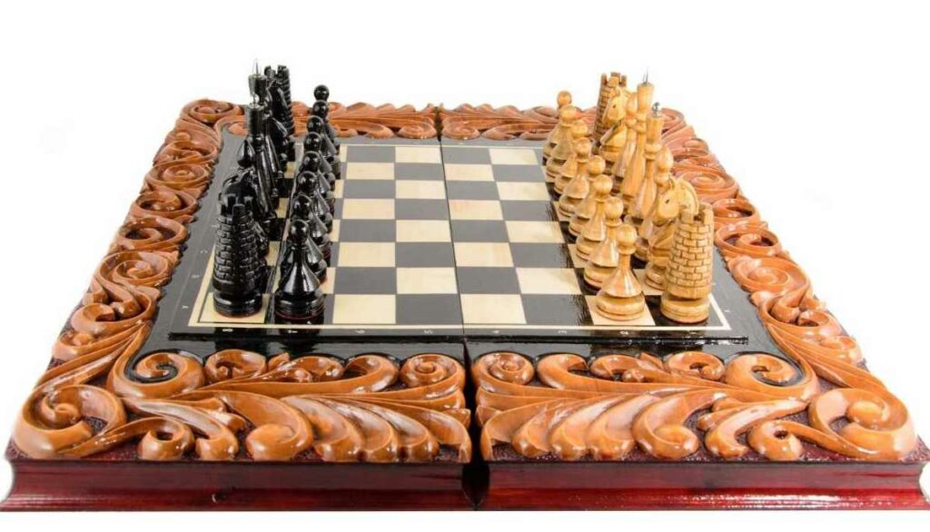 folding antique chess board and set