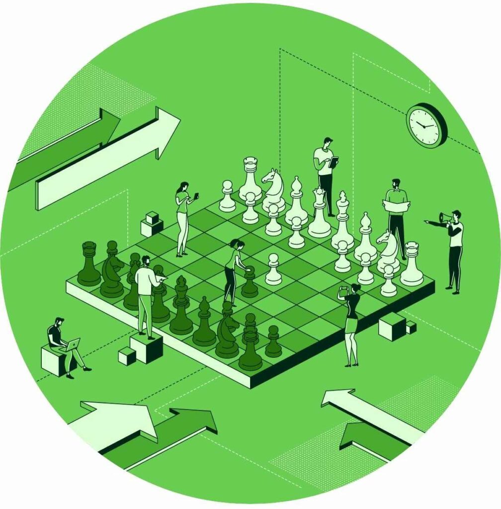 cartoon image of people analyzing a game of chess