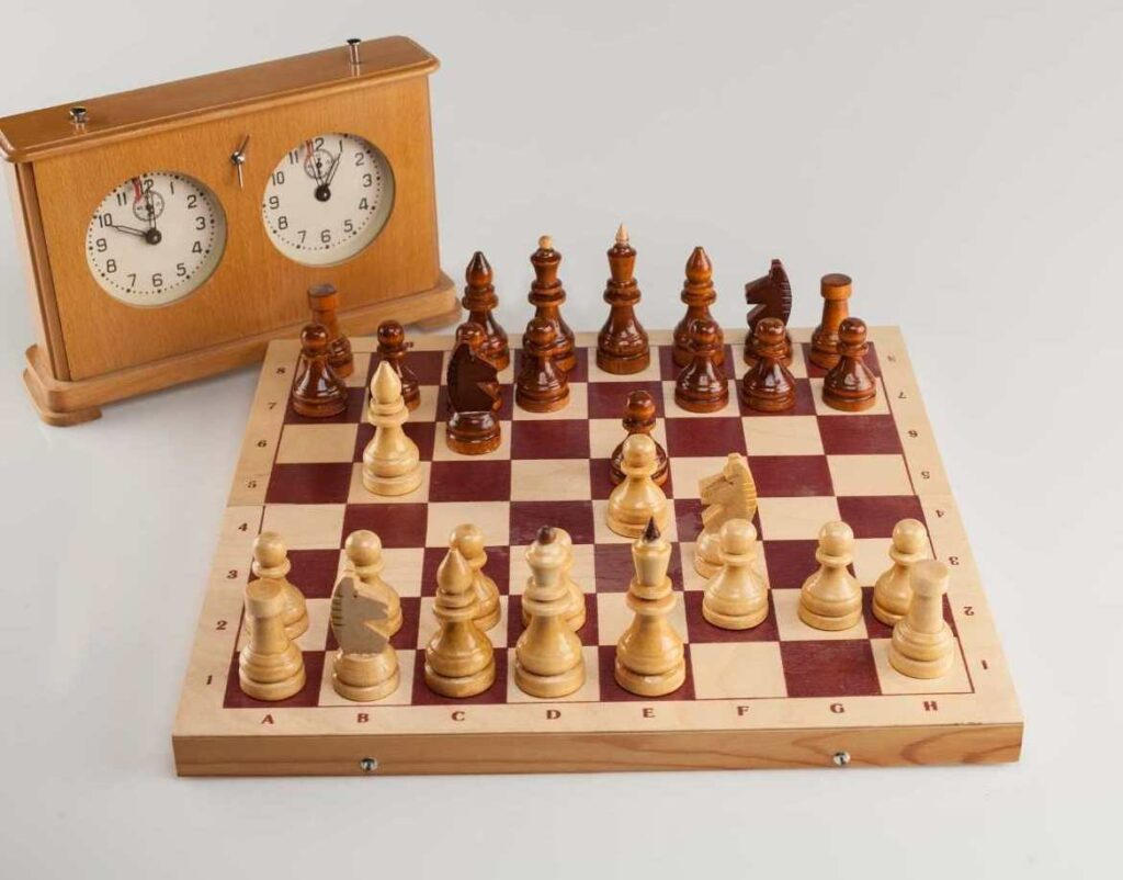 wooden chess set with wooden manual chess timer