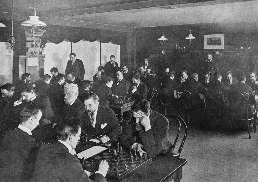 Black and white photo of chess masters playing for money